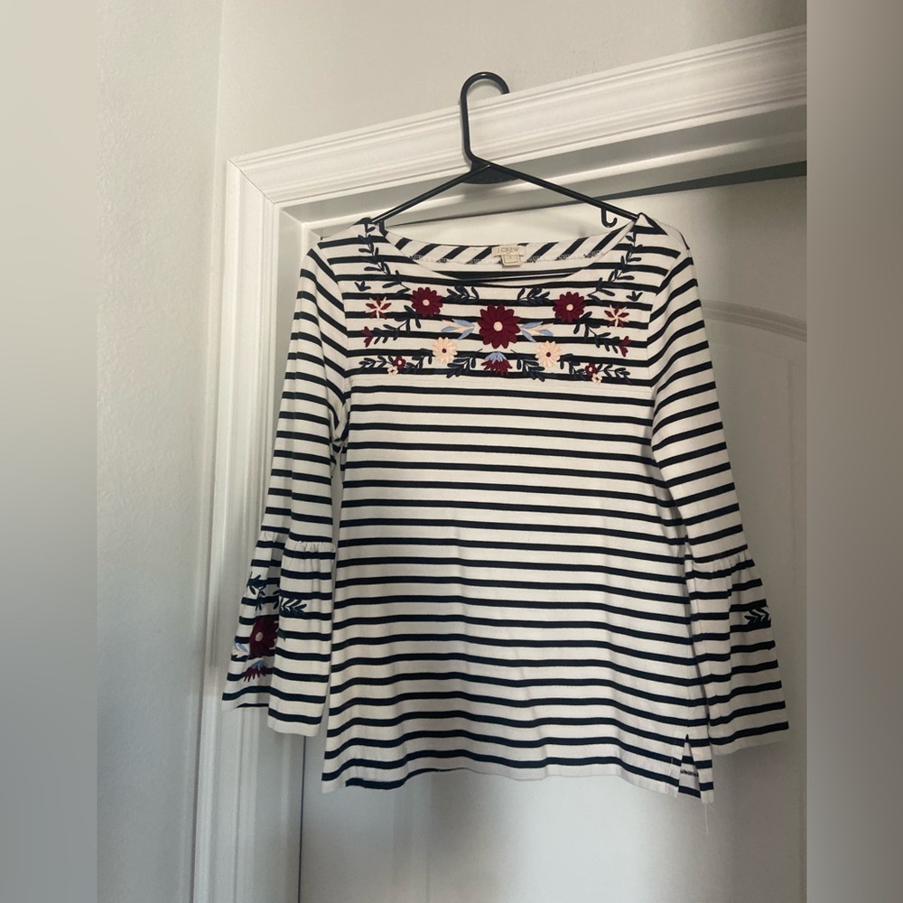J. Crew Black and White Striped Top with Floral Embroidery & Bell Sleeves